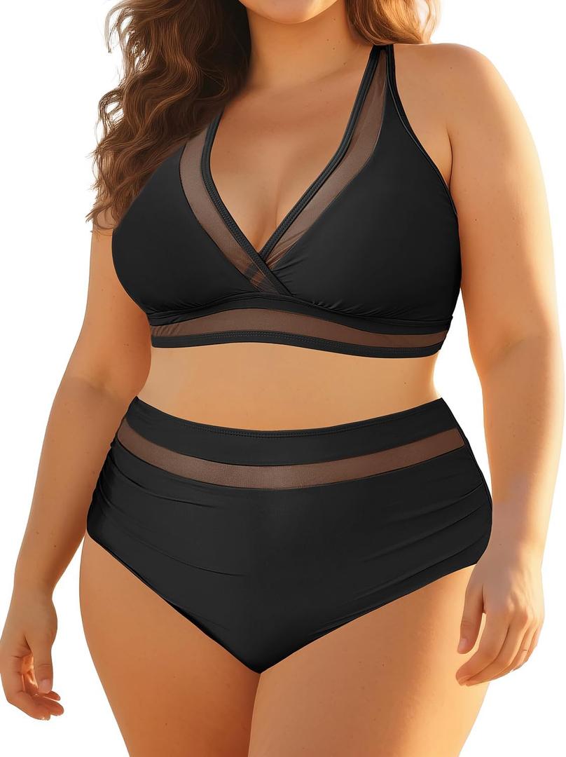 Tempt Me Women Plus Size Bikini High Waisted Swimsuits Mesh Tummy Control Two Piece Bathing Suit (Black), 18 W