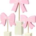 Chunful 3 Pcs Pink Bow Nursery Decor Wooden Sign Cute Coquette Room Party Shelf Decor with Base Aesthetic Standing Bowknot Table Sign Centerpiece for Nurseries Bedroom Dorm Desk Tabletop Accessories