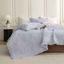 QSH Cornflower Blue Stonewashed Cotton Oversized King Quilt Bedspread Set(128"x120"),3PCs Farmhouse Ruffle Bedspread California King,Ultra Soft Lightweight Crinkle Quilt Coverlet with Pillow Shams