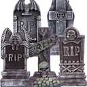 17" Halloween Foam RIP Graveyard Tombstones, 5 Pack Tombstone with 10 Metal Stakes for Halloween Decorations