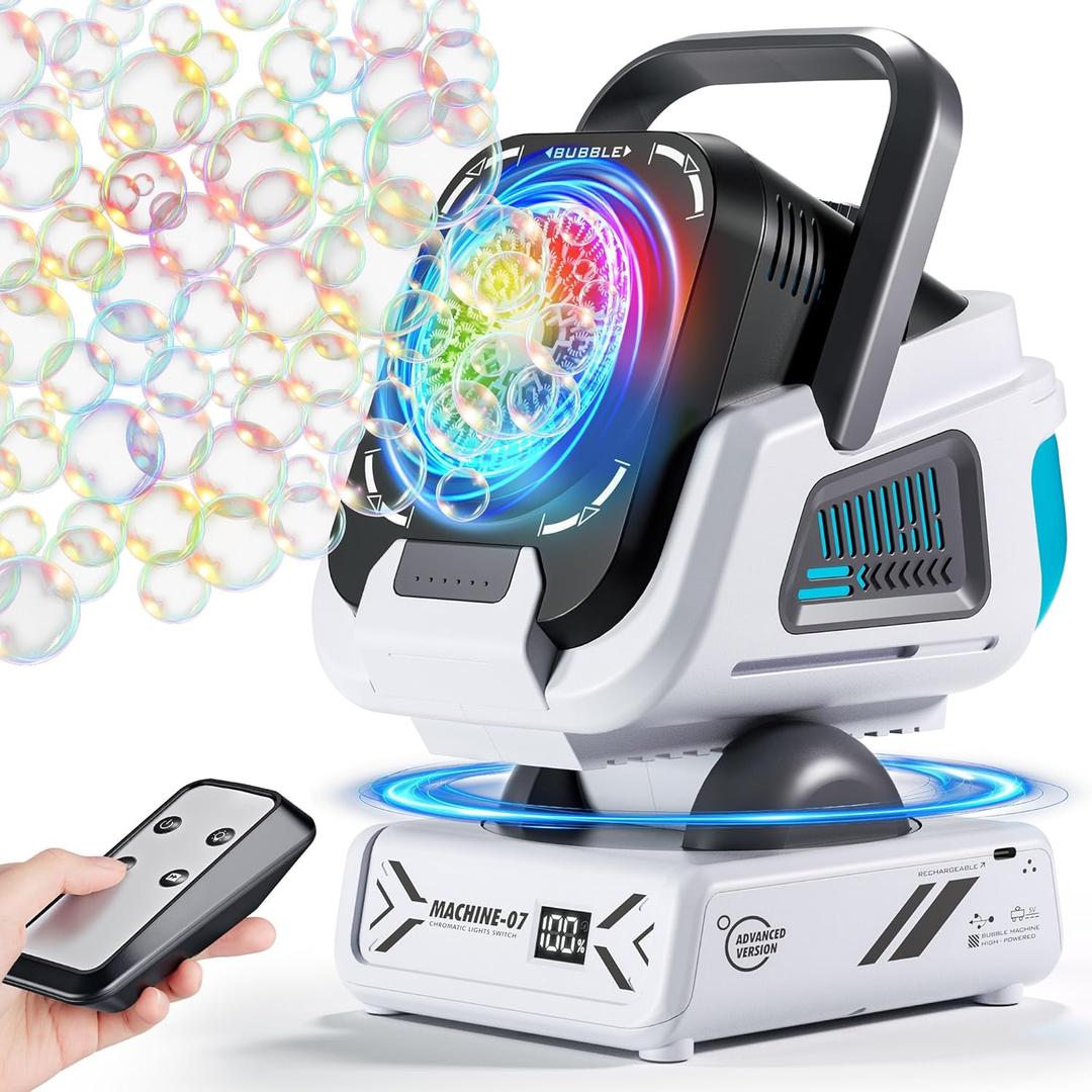 Upgraded Bubble Machine with Remote Control, Automatic Rotation & RGB Lights, 1800mAh Rechargeable Battery, Type-C Charge, Bubble Maker for Kids, Weddings, Birthday Parties, Outdoor Activities