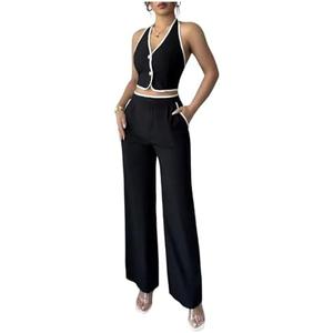 WDIRARA Women's 2 Piece Outfits Button Tie Backless Halter Tank Wide Leg Pants Set Size L