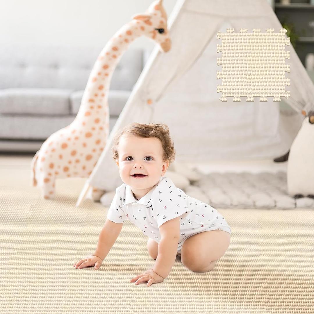 Puzzle Play Mat 16 Tiles with 32 Border Pieces, Interlocking Stitching Mat with Border for Living Room Playroom Gym, 11.8 x 11.8 Inch Beige