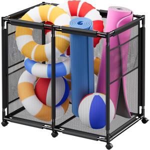 Large Pool Storage Bin, Metal Rolling Float Swimming Equipment Holder Organizer Cart with Mesh, Black L