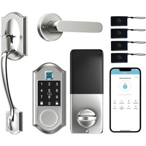 Smart Locks for Front Door,Keyless Entry Door Lock with Handle Set, Front Door Lock Set with APP Control, Fingerprint DoorLock with Deadbolt and Adjustable Lever, Satin Nickel