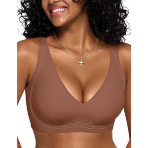 Vertvie Wireless Bras for Women Support Lift Deep V Seamless No Underwire Jelly Push Up Bra Plunge Full Coverage Bralettes (Medium, Coffee)