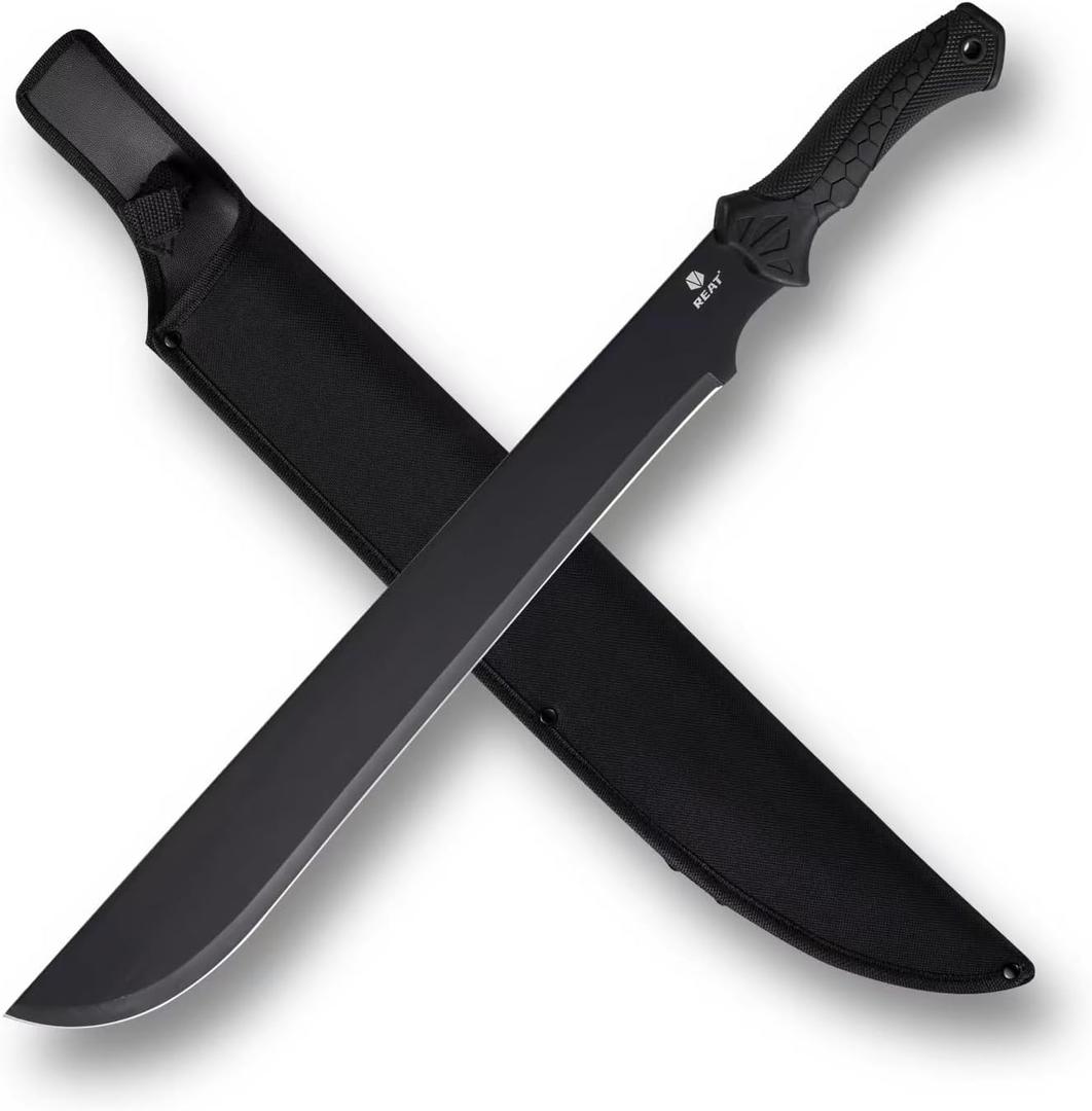REAT Machete Heavy Duty with Sheath, 24-inch Full Tang 420 Stainless Steel Blade, Non-slip Rubber Handle for Yard Work, Cutting Trees, Camping, Outdoor (Black)