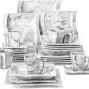 MALACASA Plates and Bowls Sets, 30 Piece Porcelain Dinnerware Sets for 6, Square Dinnerware Set with Dinner Plate, Dessert Plate, Soup Plate, Cup and Saucer, Modern Dish Set, Marble Grey, Series Flora