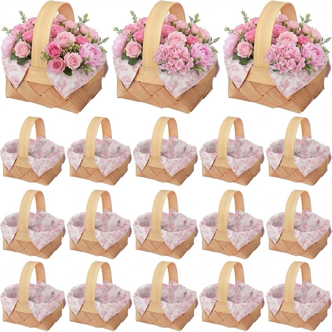 18 Pcs Pink Floral Woven Baskets with Handle with 18 Sheet Pink Floral Napkin For Flower Fruit Picnic Basket Chip for Wedding Birthday Bridal Shower Baby Shower Favor Gift (Mini)