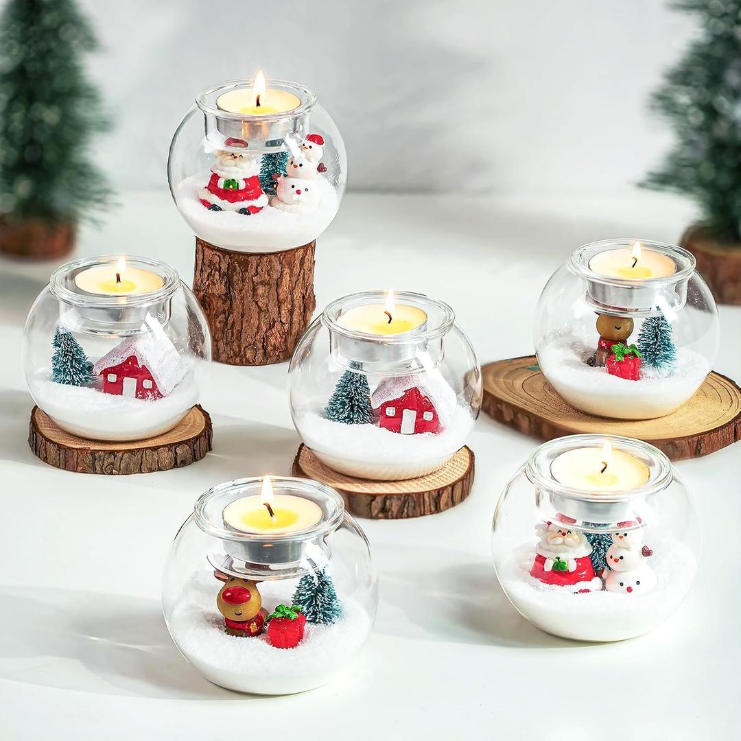 Hewory Christmas Centerpiece Table Decorations: Set of 6 Glass Ball Decorative Tea Light Candle Holder, Window Christmas Decorations Indoor for Holiday Dinner Party Mantle (Snowman/Santa/Tree/Deer)