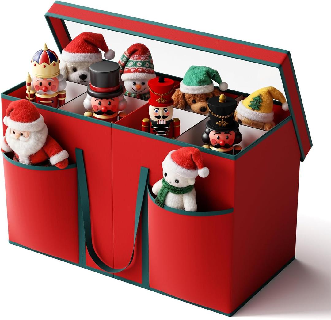 2 x Christmas Figurine Storage Box & Nutcracker Storage Containers with Visible Lid for 15-inch Collectibles, Large Holiday Ornament Decor Organizer Keeps 8 Figurines, Xmas Decoration Storage Box, Red