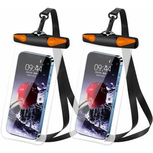 Waterproof Phone Pouch, Waterproof Phone Case with Lanyard for iPhone, Samsung, IPX8 Cellphone Beach Dry Bag Kayak Cruise Ship Essentials 2Pack-7.5" (Black Orange)