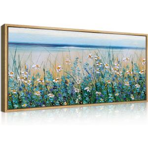 Large Blue Seaside Cyan Floral Wall Painting wildflower Blossom Art Framed Artwork for Living Room Bedroom 20x40 Inch