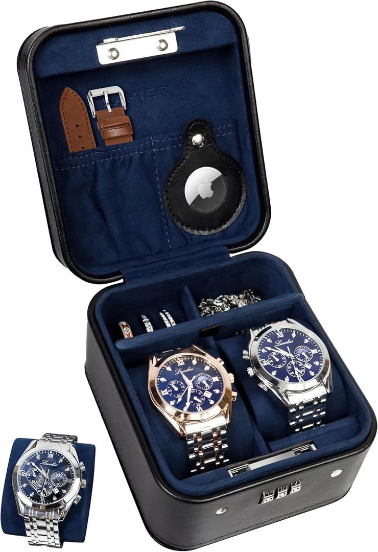 KAMIER Watch Travel Case with Combination Lock  2 Watch Storage and Jewelry Organizer  Watch Case for Ring and Watch Storage, PU Leather Travel Watch Case, Ideal for Gift (With Gift Box) (Black)