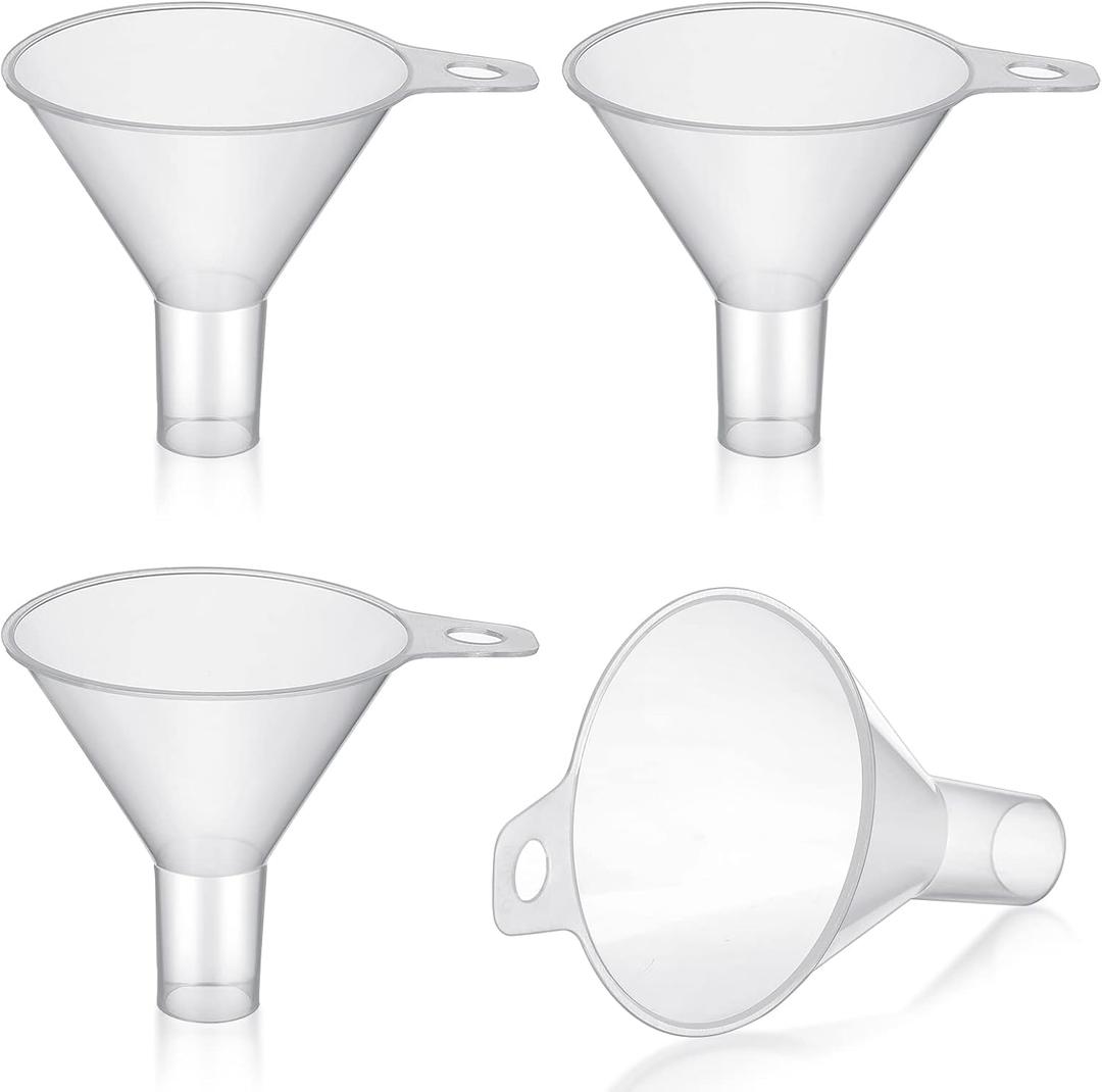 4 Packs Small Plastic Funnel for Filling Small Bottles 2.56 Inch Clear Wide Mouth Plastic Funnel for Filling Water Powder Essential Oils Perfumes Kitchen Bath Garage Use