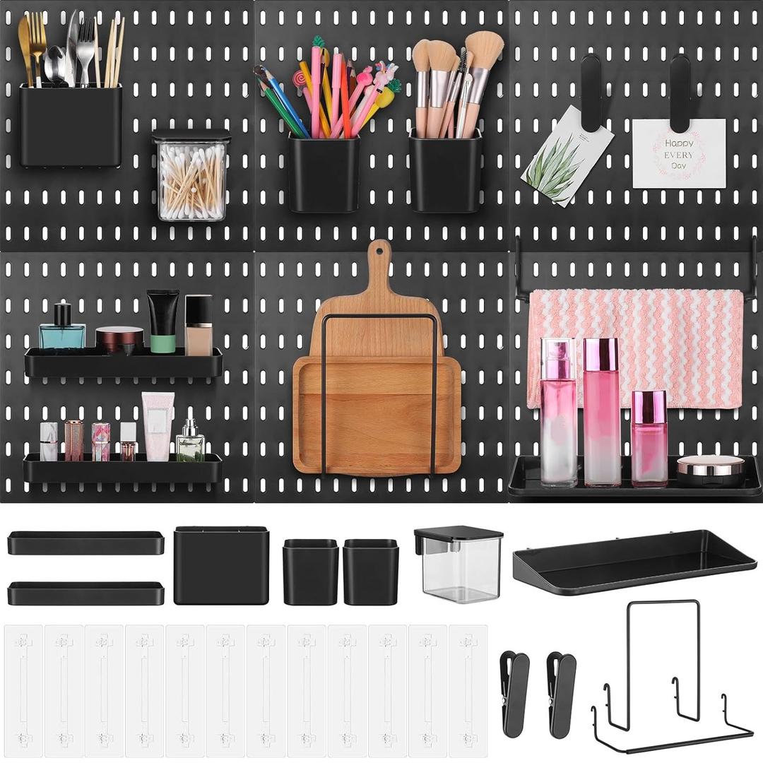 Unittype 17 Pcs Peg Board Combination Kit, 6 Plastic Wall Pegboard with 11 Accessories, 33" x 22" Desk Pegboard Organizer with Shelf Hook for Office, Kitchen, Gaming, Garage, Craft Room(Black)