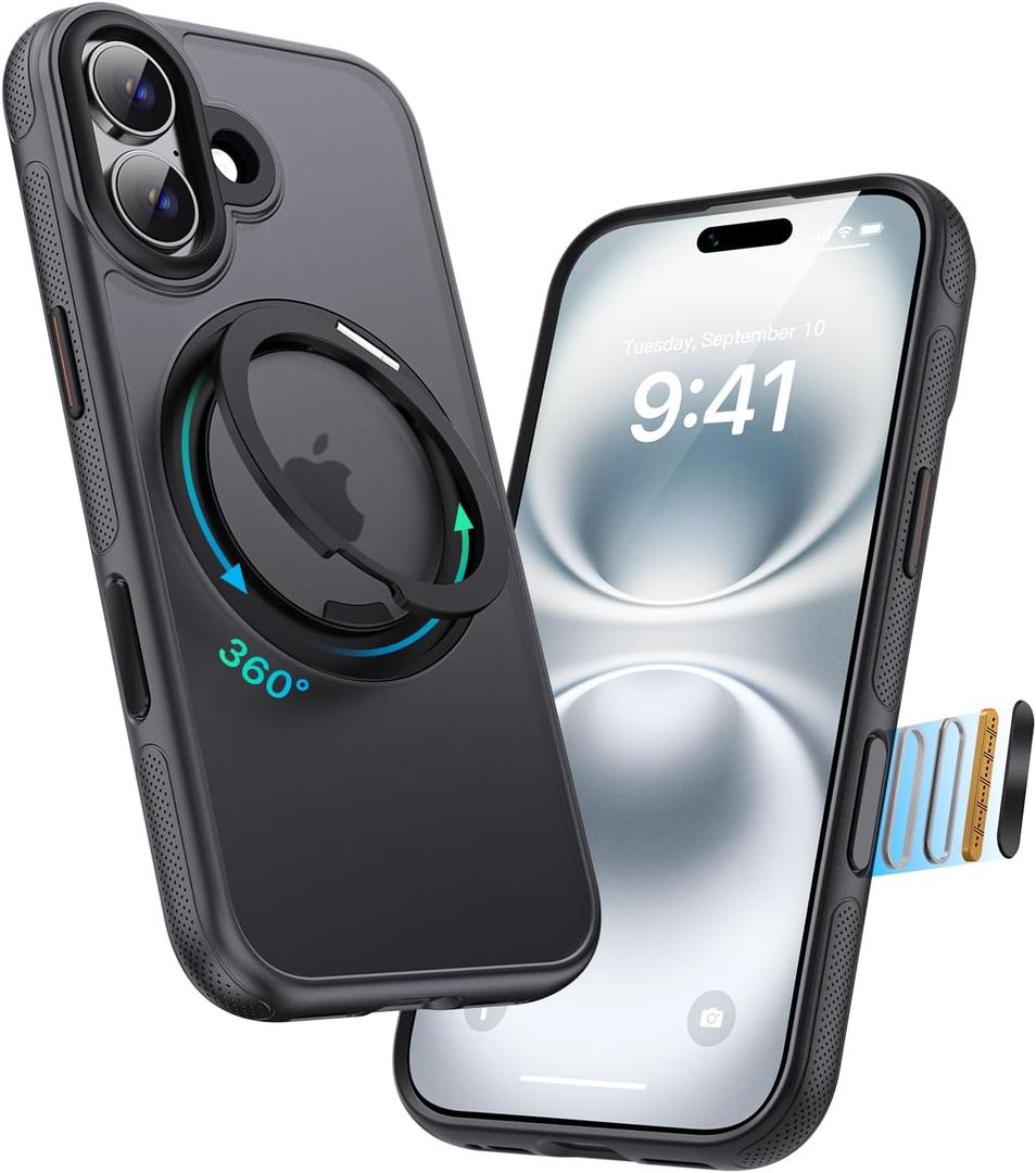for iPhone 16 Case, Compatible with MagSafe, Slim Shockproof Military-Grade Rugged Protective Case with Stand, Camera Control, Comfort Grip (A-Black, iPhone 16)