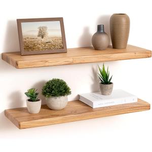 24" Rustic Elm Wood Floating Shelves, 8 Inch Deep Wall Shelves for Home Decor, Wall Mounted Floating Shelf with Invisible Bracket, Heavy-Duty Storage & Display Shelf for Living Room, Kitchen, Set of 2