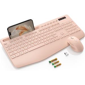SABLUTE Wireless Keyboard and Mouse, Wrist Rest, Phone Holder, Batteries Included, 2.4G Lag-Free Ergonomic Keyboards Mouse Combo, Silent Cordless Set for Computer, Laptop, Mac, Windows (No Backlit) (Champagne Pink)