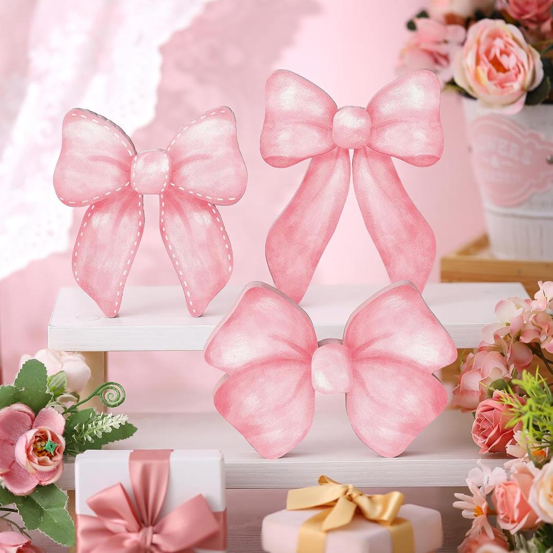 3 Pcs Pink Bow Coquette Room Decor Valentine Day Decor Wooden Sign Preppy Room Party Decoration Girly Pink Bows Tiered Tray for Home Dorm Wall Desk Shelf Tabletop(Bow Style)