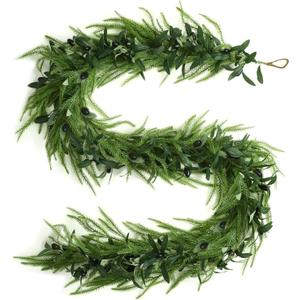 2026New 9FT Christmas Garland Norfolk Pine Garland Olive Garland Vine Wreath Real Touch Artificial Faux Greenery Wreath, for Table, Mantle, Wall, Indoor, Outdoor Christmas Decorations (1PC)