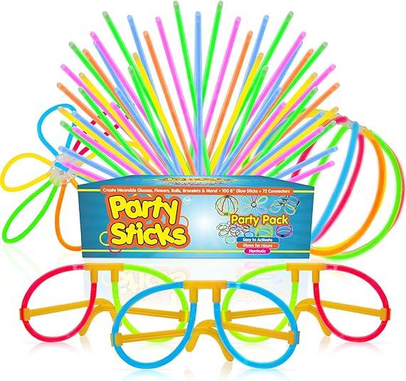 PartySticks Ultra Bright Bulk Party Supplies - Glow in The Dark Glow Sticks with Eye Glasses, Bracelets, and Connectors - Light Up Halloween 4th of July Party Favors 100 Packs