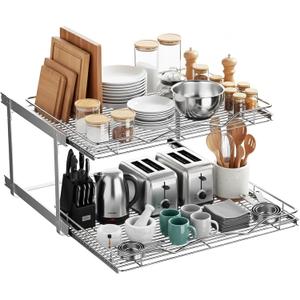 2-Tier Pull-Out Cabinet Organizer with Heavy-Duty Steel Frame, Full-Extension Sliding Shelves, Holds 100 lbs, Easy Install for Kitchen, Pantry & Under Sink Cabinets, 28" W x 21D x 16.5" H