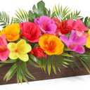 Dlerom Hawaiian Table Centerpieces Artificial Hibiscus Flowers Arrangements Wooden Crate, Wooden Planter with Tropical Palm Leaves for Summer Beach Tiered Tray Shelf Table Home Aloha Luau Party Decor