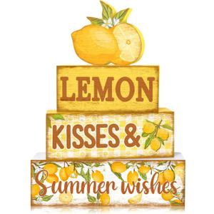 Britimes 4 Pcs Summer Lemon Decor Tiered Tray Set, Farmhouse Rustic Lemon Table Decor Book Stack Signs Wooden Coffee Table Centerpieces for Home kitchen Office Decorations