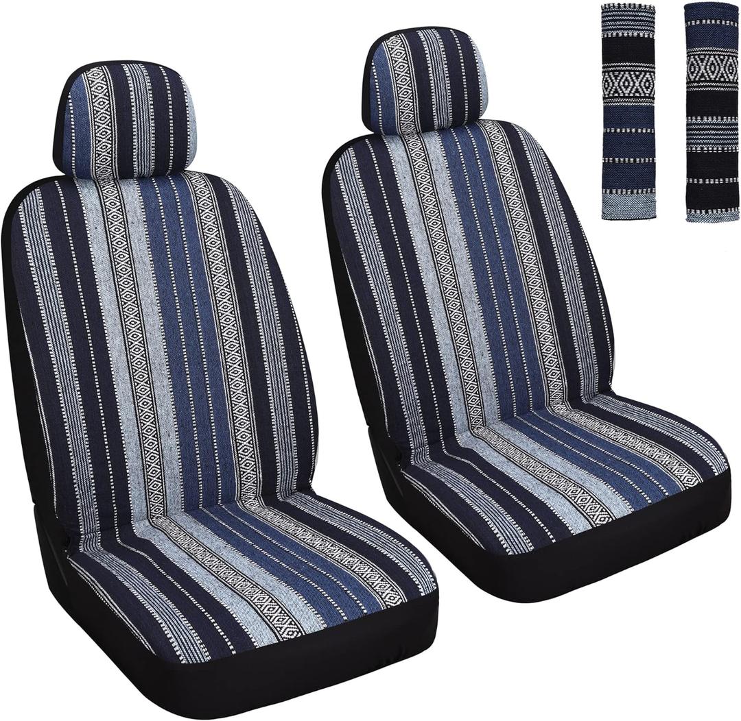 Baja Saddle Blanket Car Seat Covers Front Set with Seat Belt Pads, Washable Breathable Seat Covers for Cars, Universal Fit Interior Covers for Most Sedan Truck SUV, Airbag Compatible, Blue