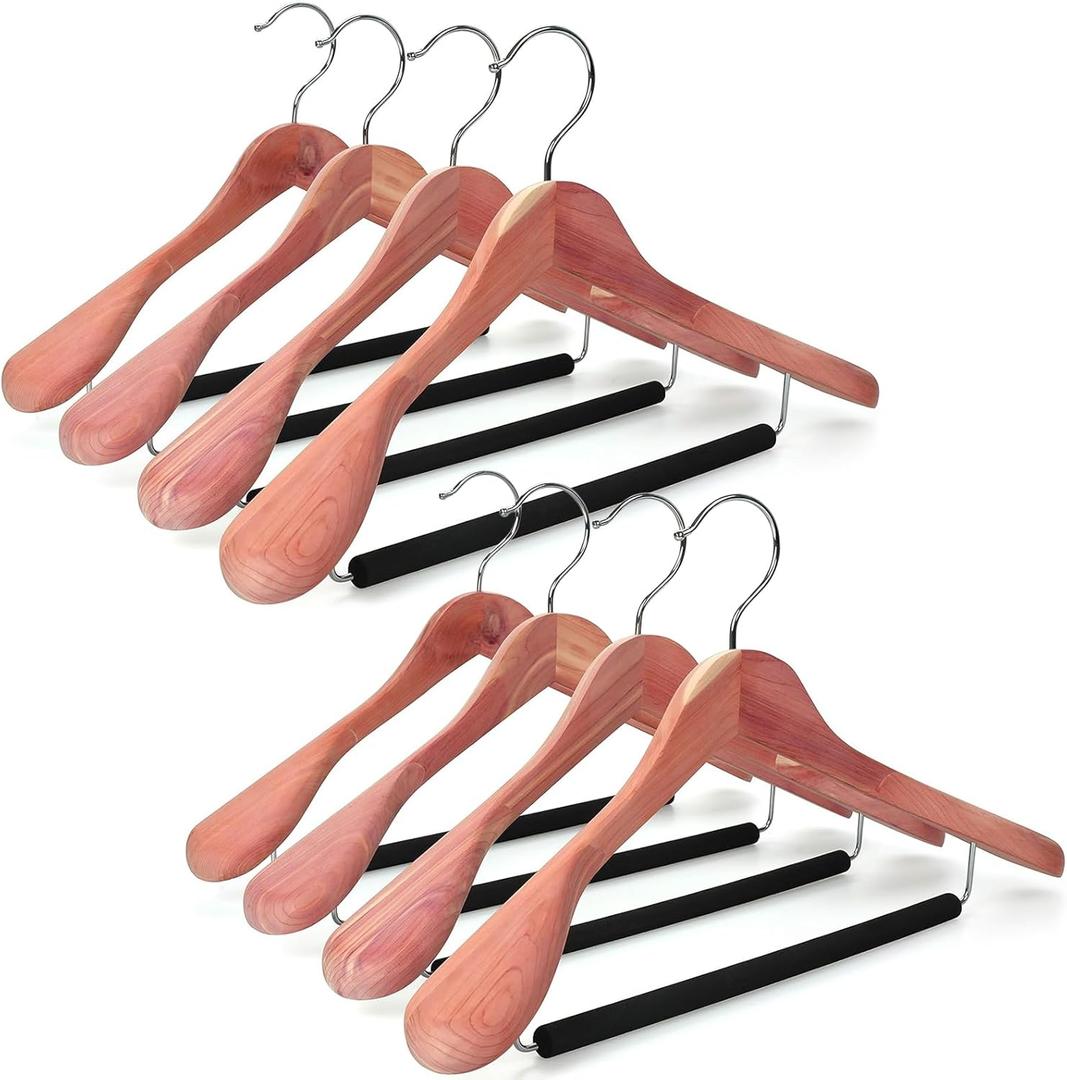 TOPIA HANGER American Red Cedar Wide Shoulder Wooden Hangers 8 Pack, Luxury Wood Suit Coat Hangers with Black Padded Pant Bar-360 Swivel Chrome Hook, Natural- CT07W-8