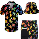 Men's Hawaiian Shirt and Shorts Set 2 Piece Beach Outfits with Bucket Hats for Beach Days and Summer Vibes, Size L