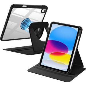 Wenlaty for iPad (A16) 11th Generation Case 11 Inch 2025, for iPad 10th Generation Case 10.9 Inch 2022 with Pencil Holder, 360 Rotating Protective Stand Cover, Detachable Magnetic Clear Back, Black