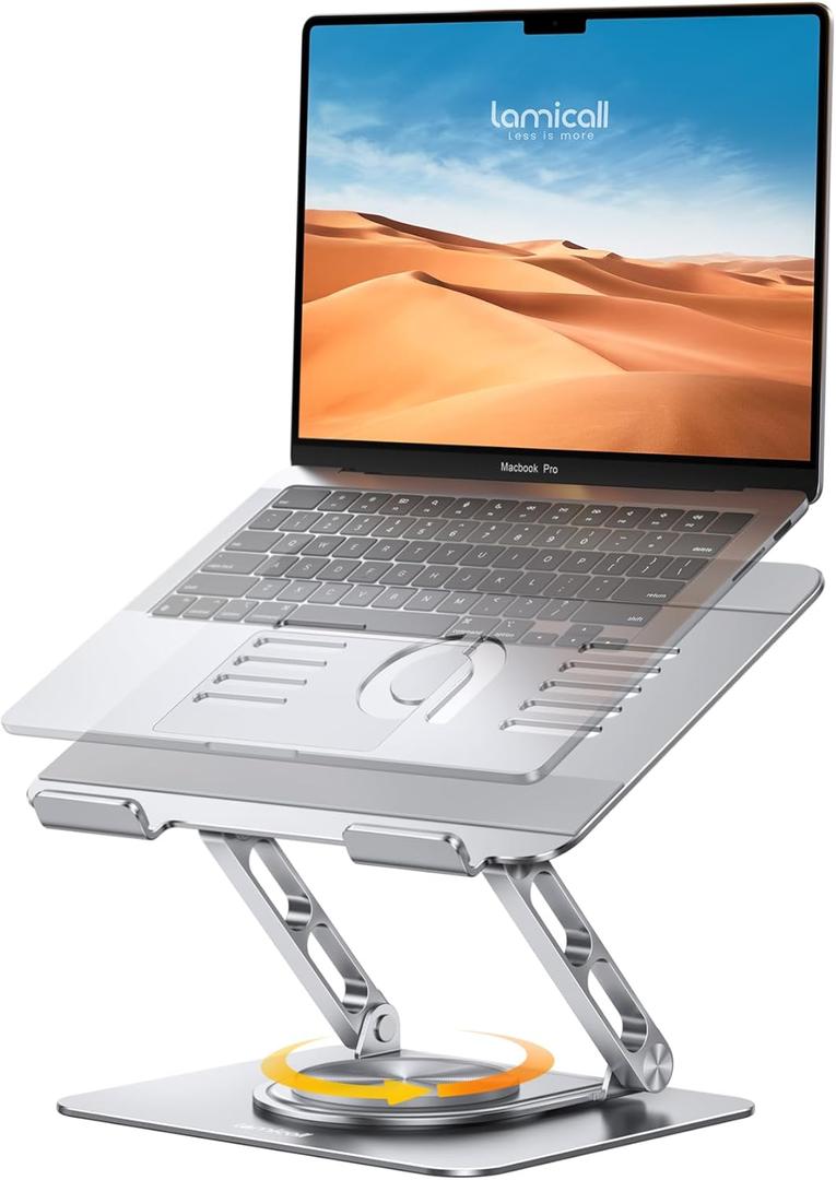 Lamicall Adjustable Laptop Stand for Desk - 360 Rotating Base Ergonomic Computer Stand, Aluminum Laptop Riser Foldable Portable for Office Home fits MacBook Neo Air Pro, Dell, HP (10-17.3'') - Silver