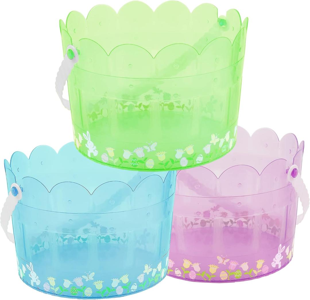 Zcaukya Easter Buckets for Egg Hunt, Set of 3 Clear Kids Easter Baskets with Handles, Empty Plastic Easter Pails for Easter Party Favors, Green, Blue, Purple