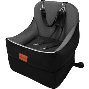 Car Dog Booster Seat,Interior Height 7 Inches Elevated for Small Dog up to 35 lbs,Pet Car Travel Safety Seat with 2 Safety Leashes,Storage Pockets,Non-Slip Bottom(Lookout-Black Outside Grey Inside)