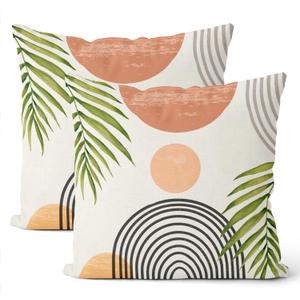 Boho Pillow Covers 18x18 Set of 2, Mid Century Green Leaf Farmhouse Decorations Outdoor Throw Pillow Covers Modern Tropical Bohemian Sunset Decorative Linen Cushion Case for Couch Sofa Home