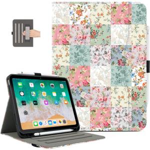 for iPad (A16) Case 11th Generation 2025, iPad 10th Generation Case Kids Men Women Shockproof with Pencil Holder, Multi-Angle Adjustable Stand View Pocket/Hand Strap/Auto Wake Sleep Patchwork Floral