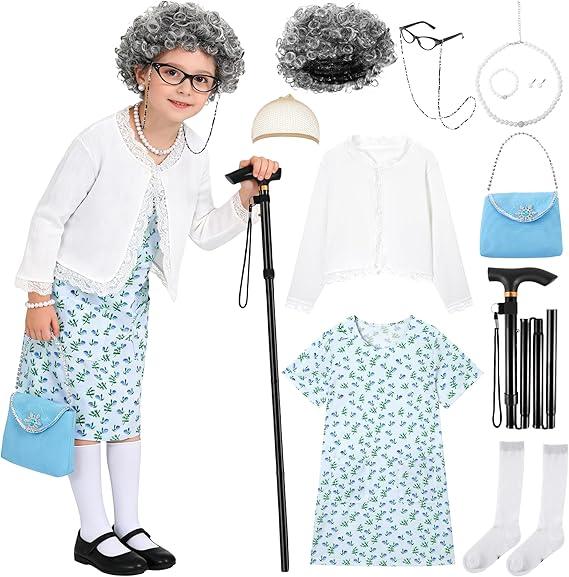 WooWee 100 Days of School Costume for Girls, Old Lady Costume for Kids, Granny Grandma Dress Up(Pink, 810 Y)