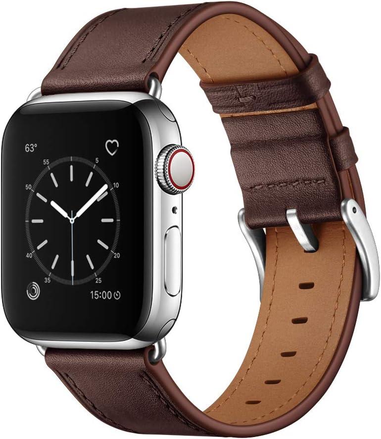 OUHENG Leather Bands Compatible with Apple Watch Band 49mm/46mm/45mm/44mm/42mm, Genuine Leather Strap for iWatch Series 11/10/9/8/7/6/5/4/3/2/1 & Ultra 3/2/1 & SE3 SE2 SE, Chocolate Brown/Silver