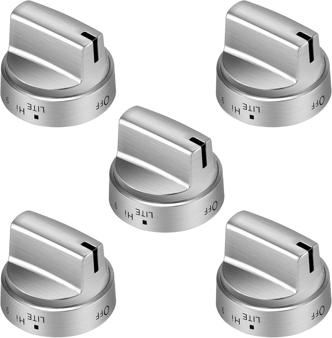 AMI PARTS WB03X24818 Gas Stove knobs 5 Packs Compatible with ge Stove Knob -Stainless Steel Colored Range Burner Control Knob Replacements PS11729081 AP5989029Not Universal