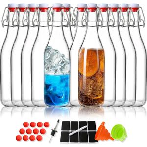 Leetaltree 12 Pack 16OZ Swing Top Glass Bottles Set, Brewing Glass Bottles with Airtight Lid, Flip Top for Kombucha, Beverages, Beer, Oils-With Gaskets, Pourers, Etc