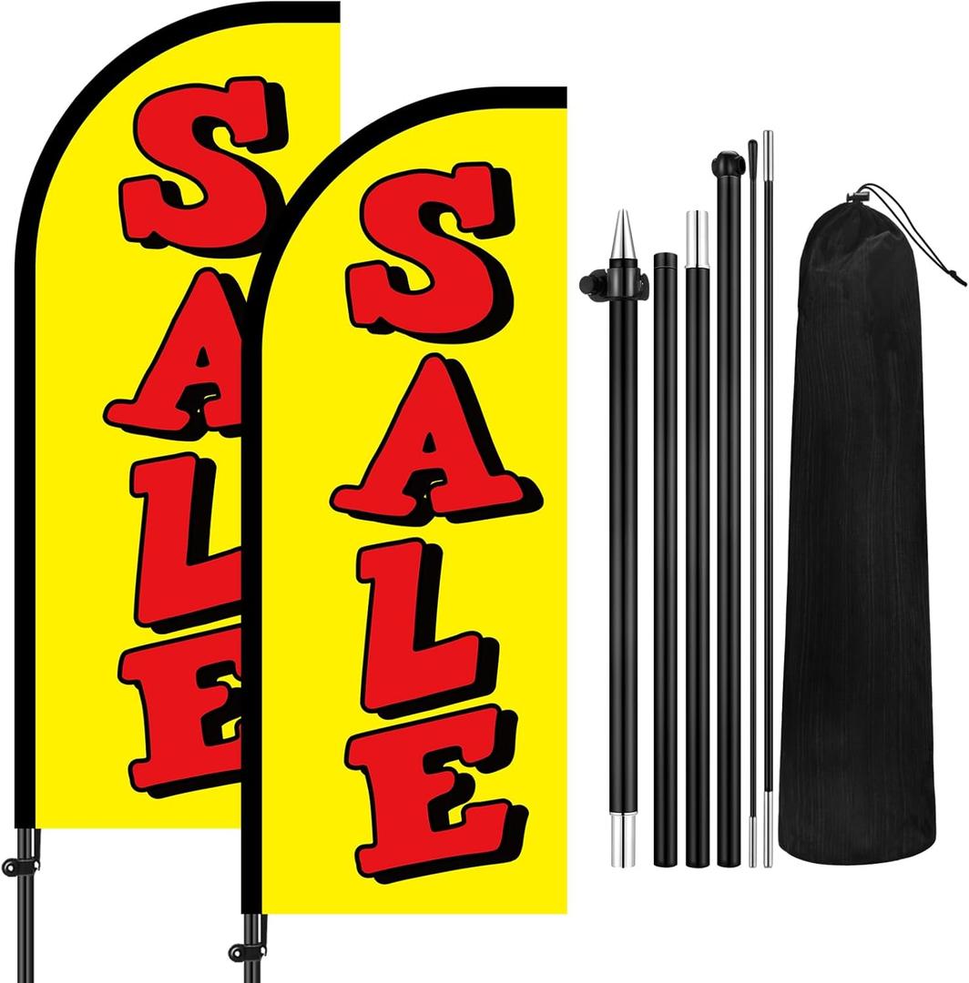 2 Sets Sale Themed Swooper Flag with Storage Bag Flagpole Kit and Ground Stake, 7 ft Sale Banner Feather Flag for Retail Store Business Advertising (Yellow, White)