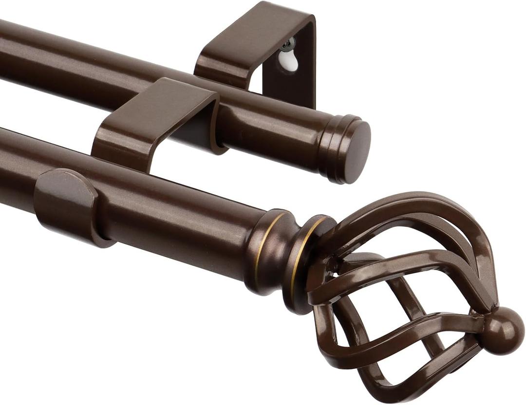 KAMANINA Double Curtain Rod 72 to 144 Inches(6-12 Feet) Antique Bronze Curtain Rods for Windows 66 to 120 Inches, 7/8 Inch Heavy Duty Drapery Rod with Twisted Cage Finials