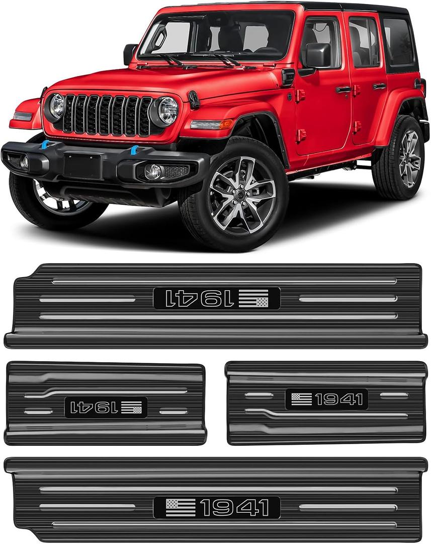 Upgraded American US Flag Door Sill Guards for Jeep Wrangler JL JLU 2018-2025 2026 & Gladiator JT 2020-2026 Accessories Stainless Steel Front Rear Entry Guard (US Flag Brushed Black 4-Door)