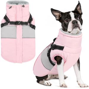 SUNFURA Small Dog Coat with Harness Built in, Warm Dog Jacket Winter with Zipper On Back, Waterproof Pet Snow Jacket Snowsuit Pet Sweater Clothes for Schnauzer, Yorkshire Terrier, Pink Small