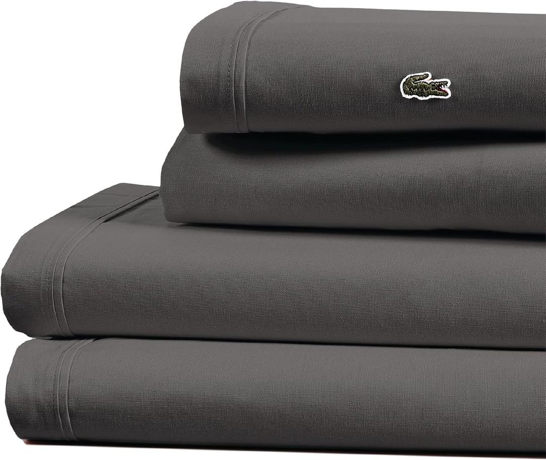 Lacoste 100% Cotton Percale 4-Piece Sheet Set  Cool, Crisp, Matte, and Durable, Oeko-Tex Certified  Solid, Dark Gray, Full