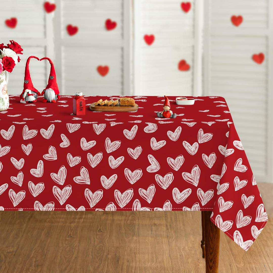 Horaldaily Valentine Tablecloth 60×84 Inch Rectangular, Heart-Shaped Pattern Sketchy Style Red Washable Festive Table Cover for Party Picnic Dinner Decor
