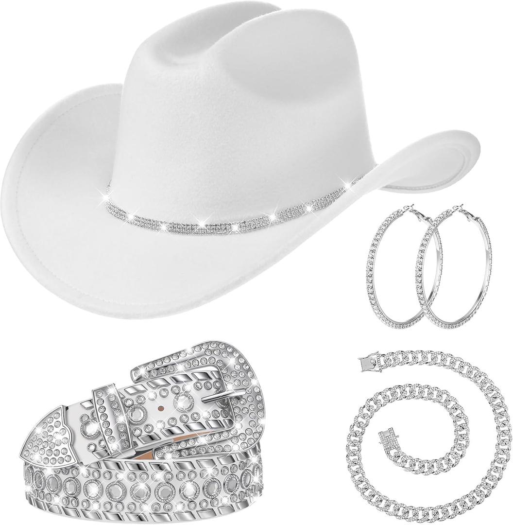 4 Pcs Rhinestone Belt for Men Women Glitter Cowboy Hat Diamond Chain Earring Outfit for Party Supplies (White)