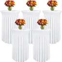 Pack of 5 Round Spandex Cocktail Tablecloths with Skirt - Stretch Table Covers for High Top Bar, Wedding, Party, Banquet (White, 32 x 43 Inch)